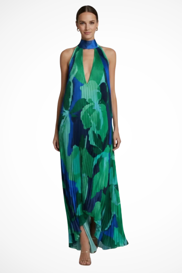 Siopie Women's Printed Pleated Halter Neck Maxi Dress in Green