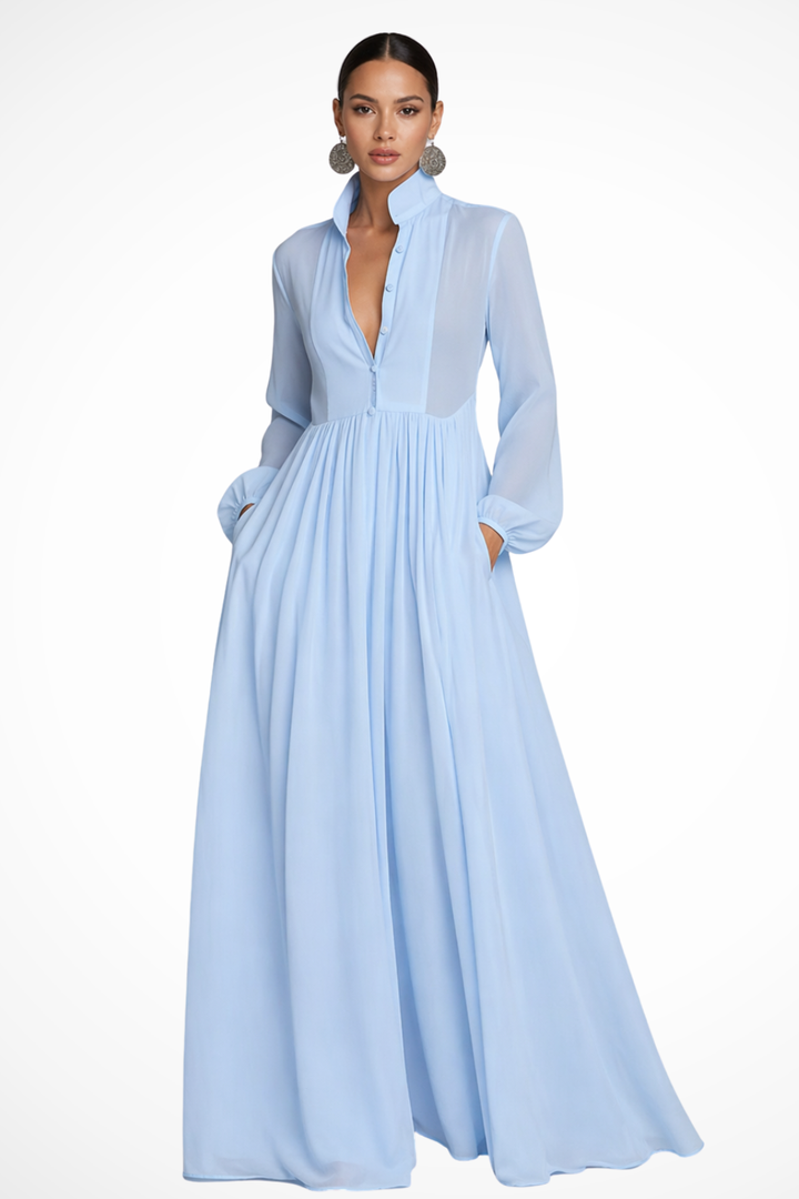 Siopie Women's Long Sleeve Button Front Maxi Dress in Light Blue