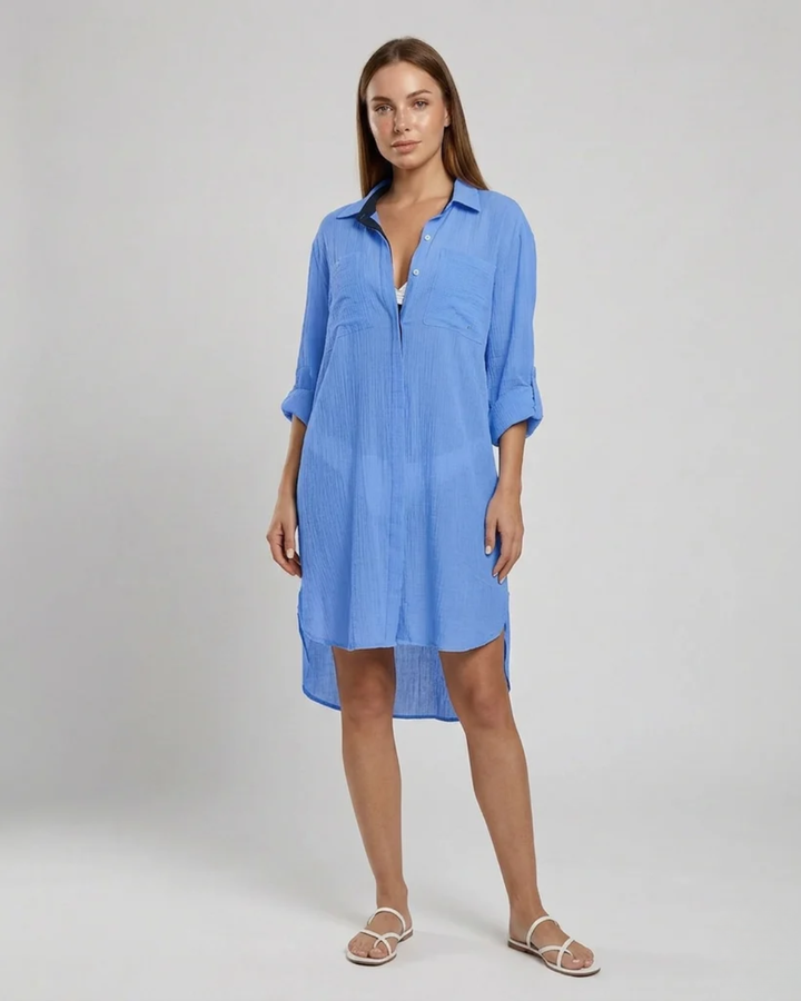 Womens Mini Dress Button-Down with Dual Chest Pockets