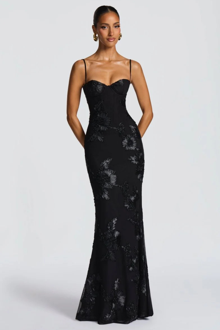 Womens Maxi Dress with Embroidered Floral Corset