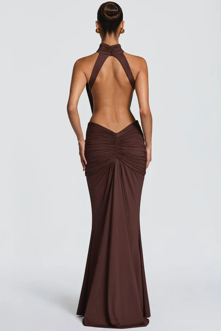 Siopie Women's High Neck Backless Ruched Maxi Dress