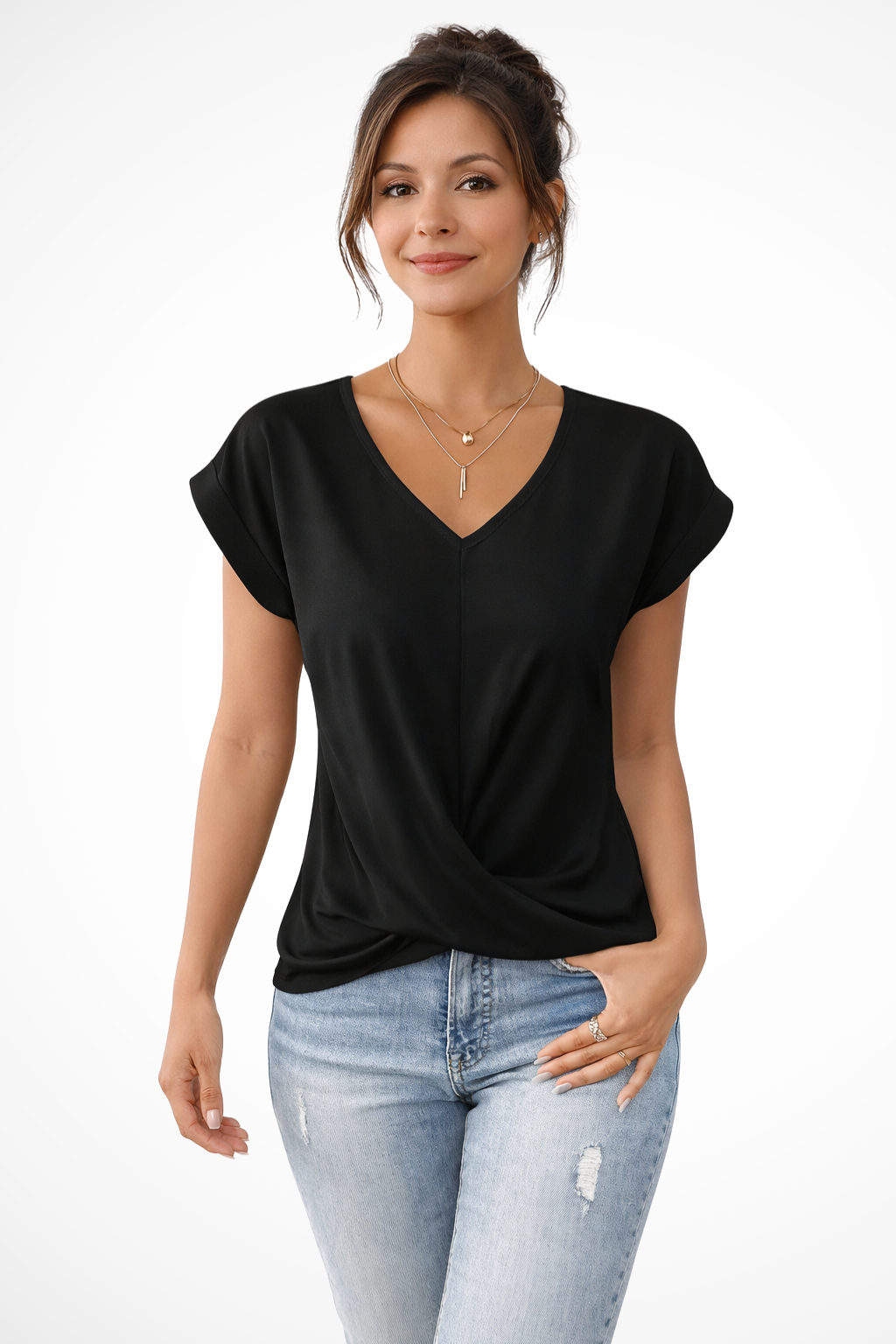 Siopie Women's V-Neck Twist Hem Short Sleeve Top in Black