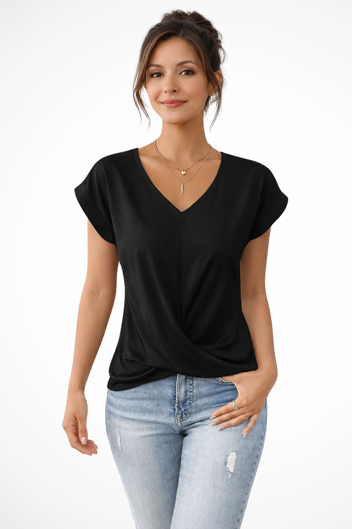 Siopie Women's V-Neck Twist Hem Short Sleeve Top in Black