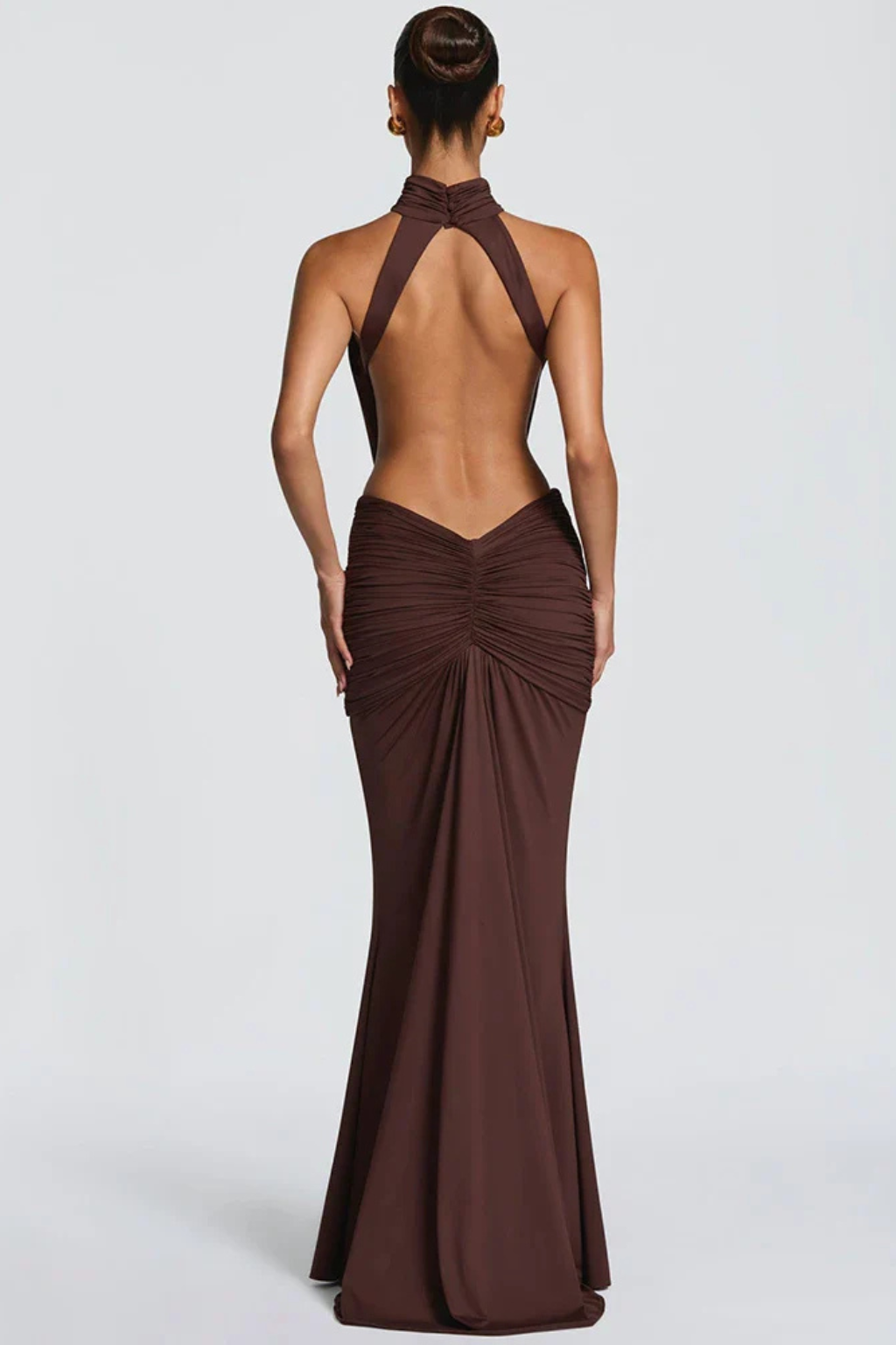 Siopie Women's Halter Neck Backless Ruched Bodycon Maxi Dress