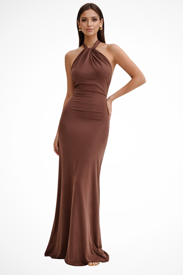 Siopie Women's Halter Neck Bodycon Maxi Dress in Brown