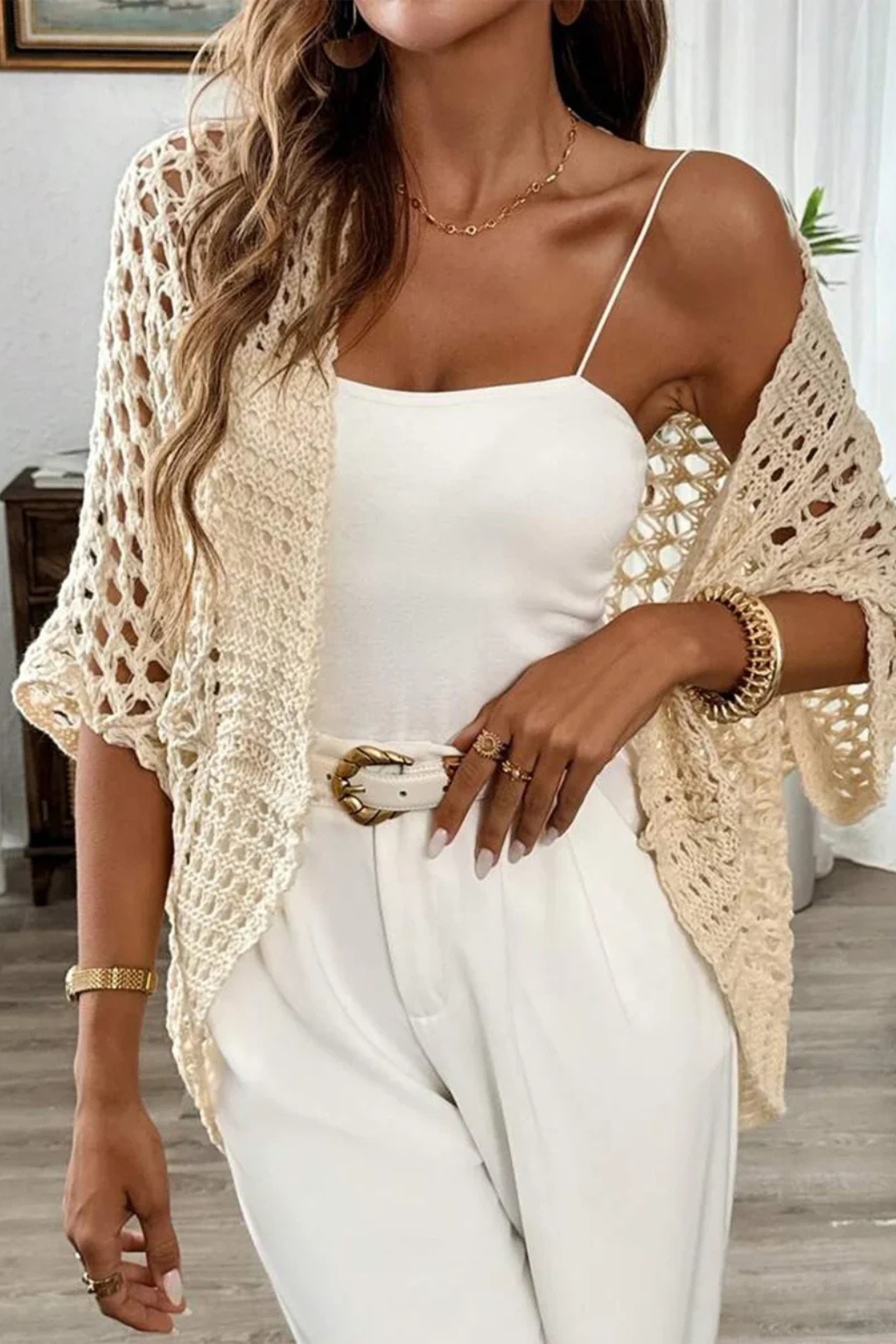 Siopie Women's Short Sleeve Crochet Cardigan