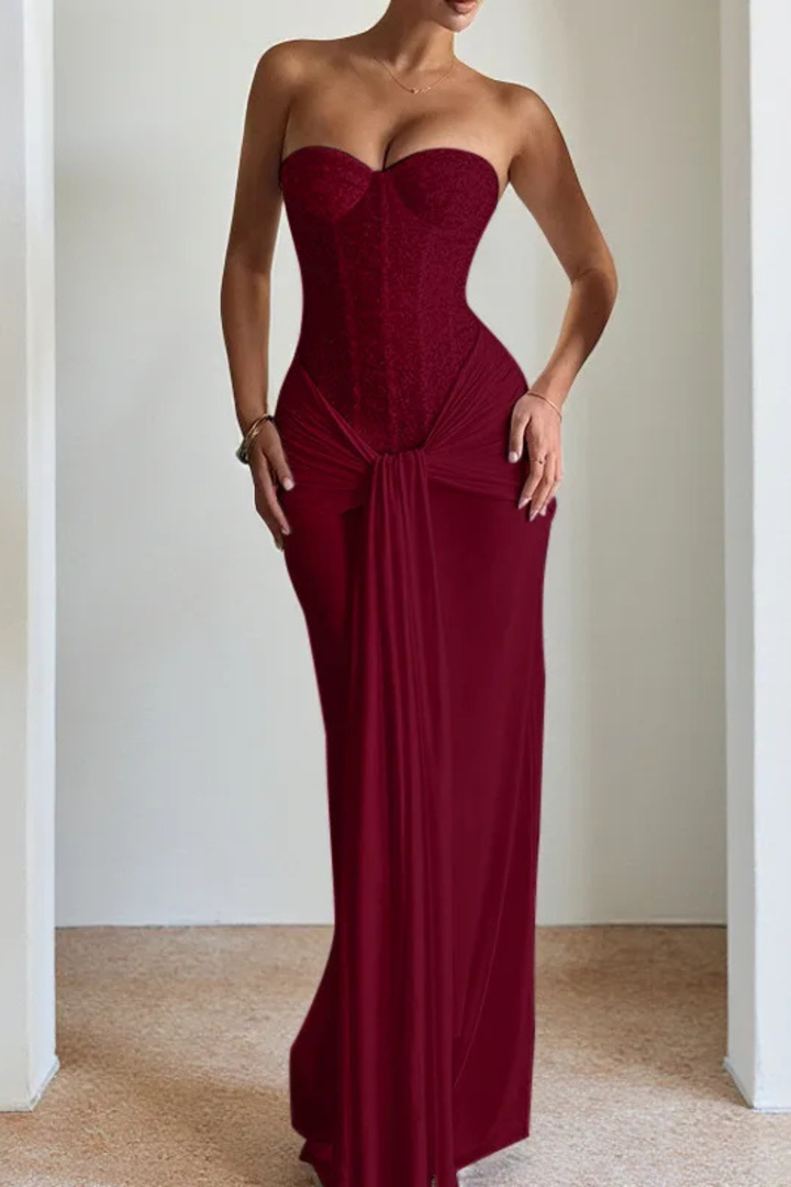 Siopie Women's Lace Corset Strapless Draped Maxi Dress