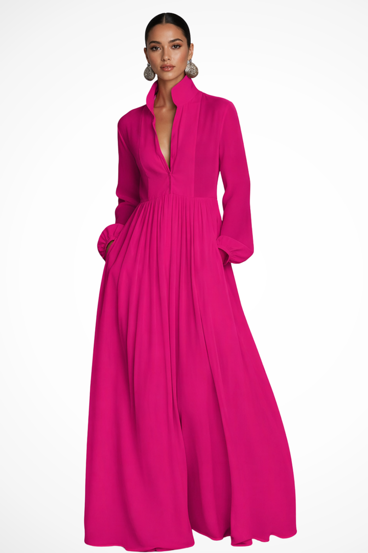 Siopie Women's Long Sleeve Button Front Maxi Dress in Rose Red