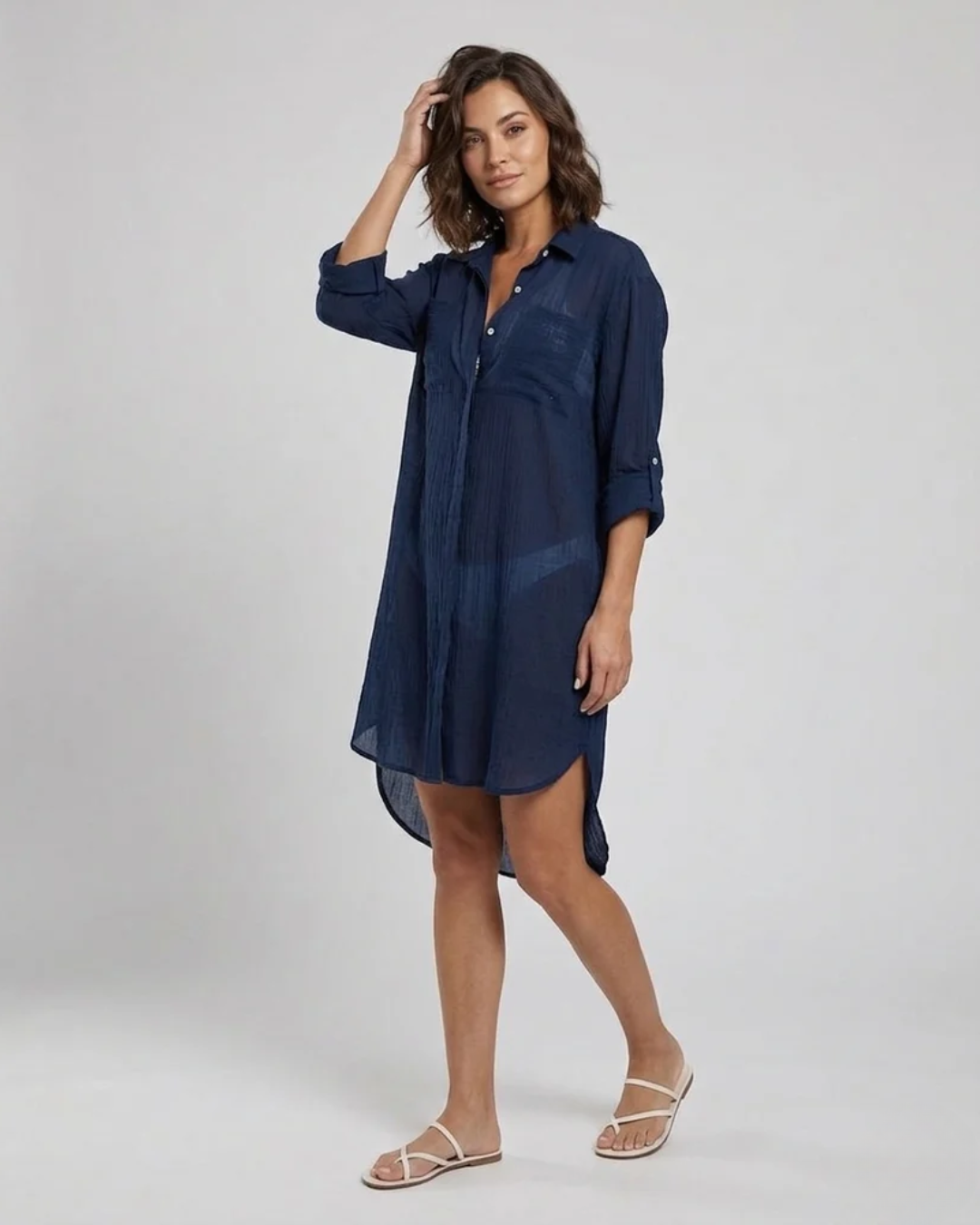 Womens Mini Dress Button-Down with Dual Chest Pockets