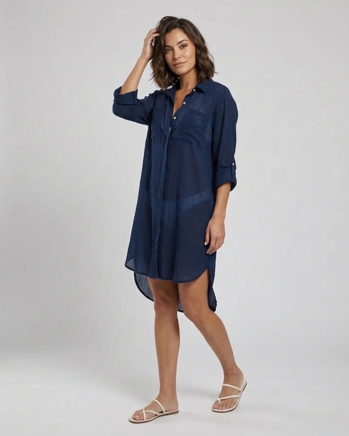 Womens Mini Dress Button-Down with Dual Chest Pockets