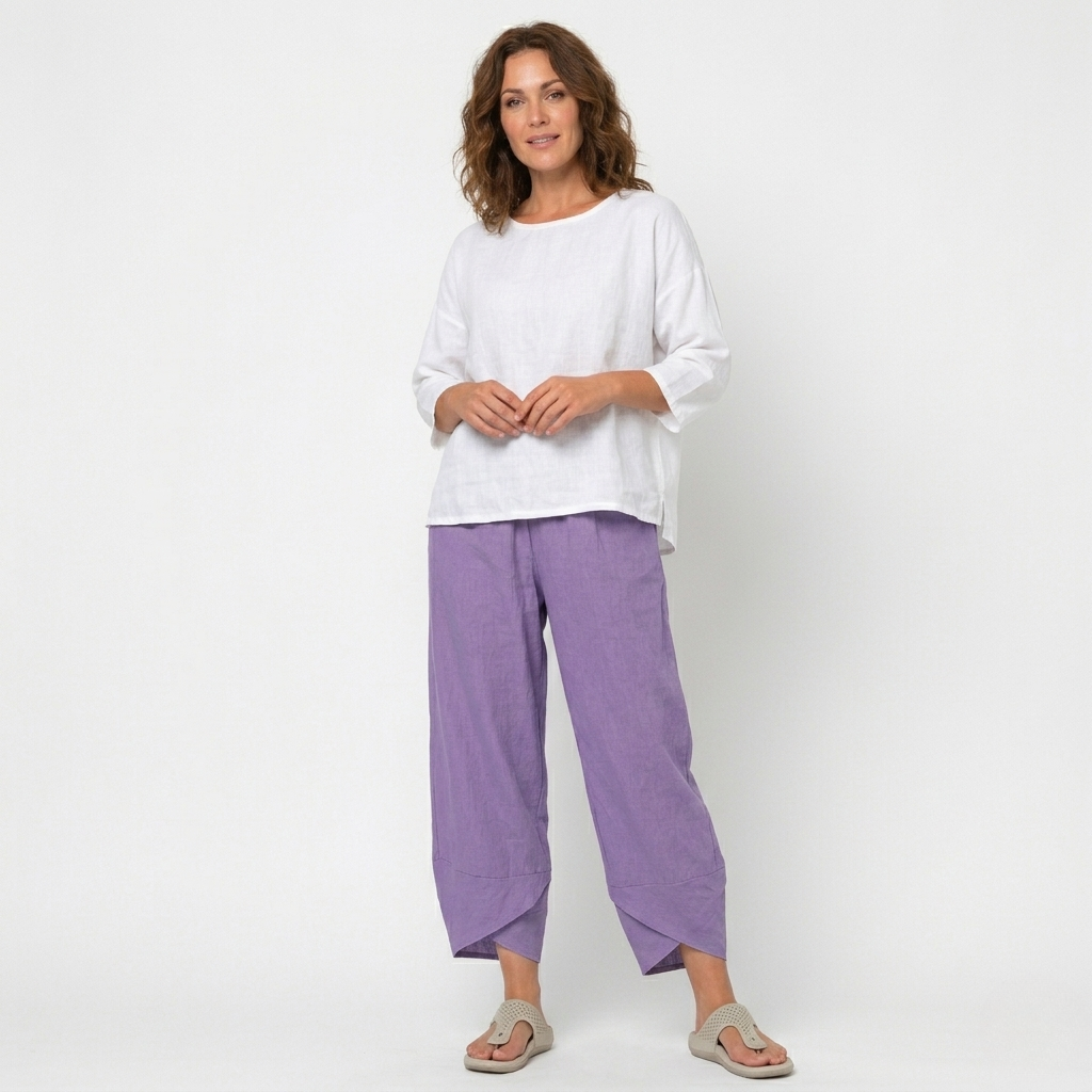 Womens High-Waisted Linen Trousers Tulip Hem Lightweight