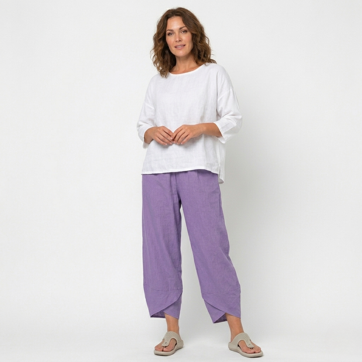 Womens High-Waisted Linen Trousers Tulip Hem Lightweight