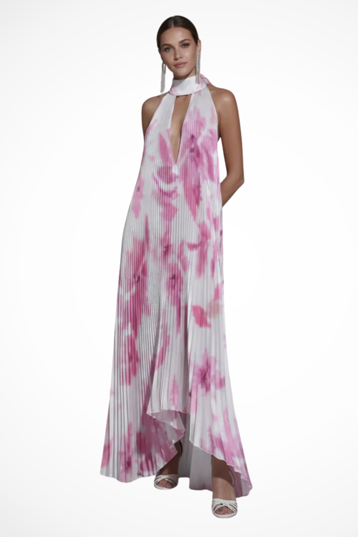 Siopie Women's Printed Pleated Halter Neck Maxi Dress in Light Pink