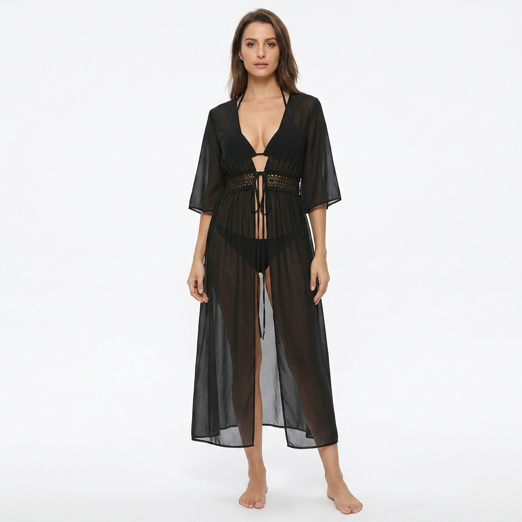 Womens Maxi Dress Cover-Up Breathable Weave Tie Waist - Clovrio