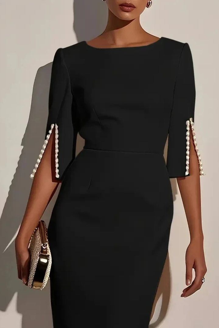 Womens Midi Dress Beaded Round Neck