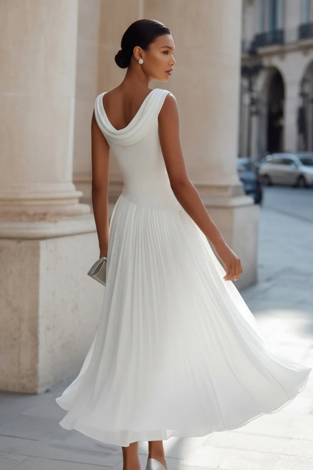 Womens Midi Dress Draped Pleated Style