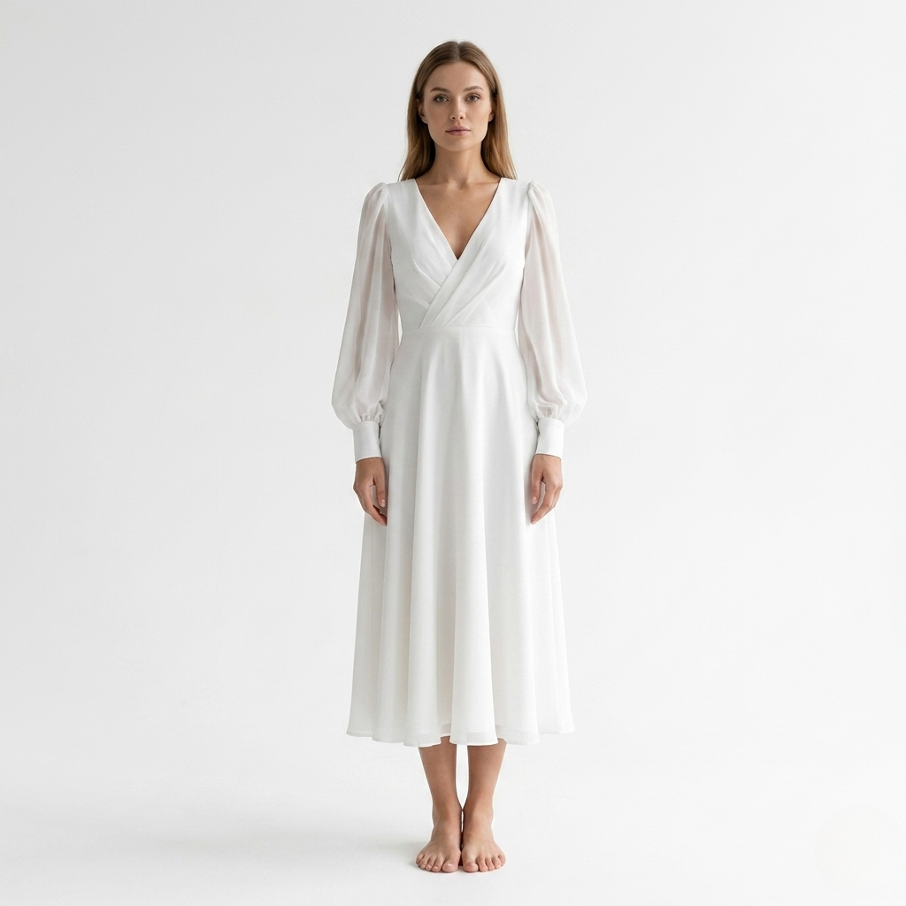 Womens Midi Dress V-Neck Wrap Style Flared Hem - Clovrio