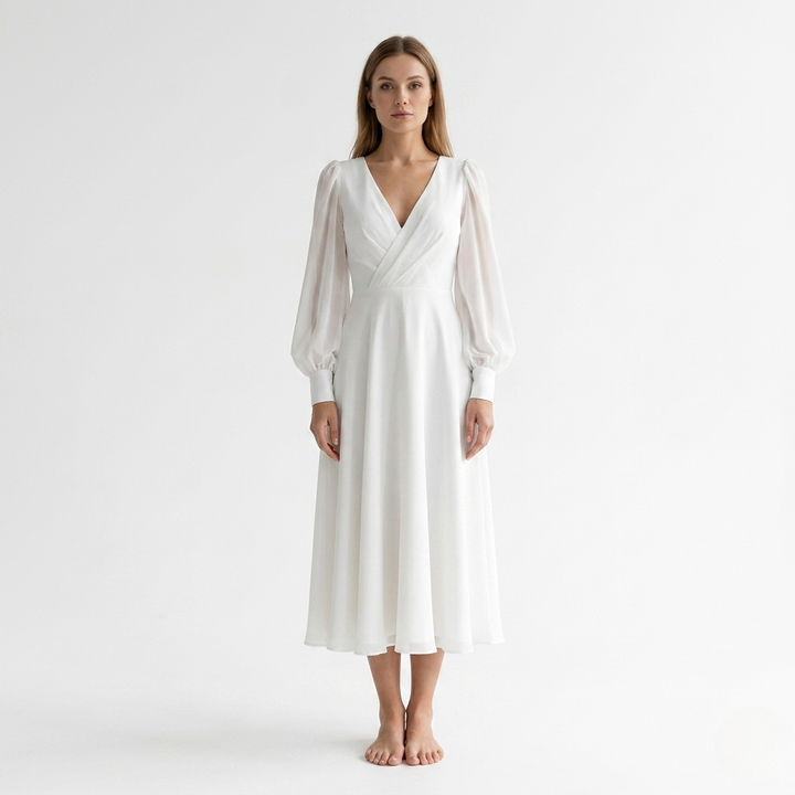 Womens Midi Dress V-Neck Wrap Style Flared Hem - Clovrio