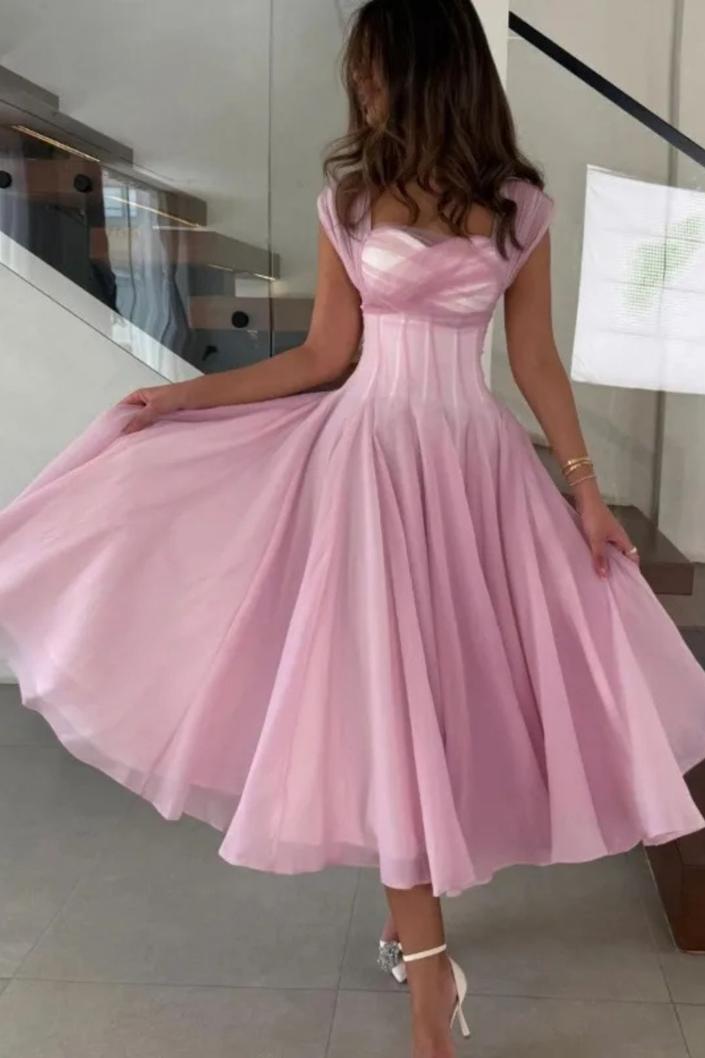 Siopie Women's Tulle Sweetheart Flared Midi Dress