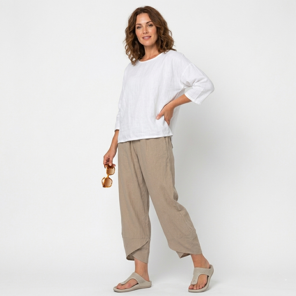 Womens High-Waisted Linen Trousers Tulip Hem Lightweight