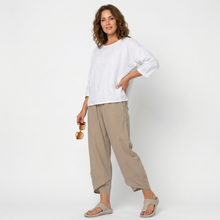 Womens High-Waisted Linen Trousers Tulip Hem Lightweight