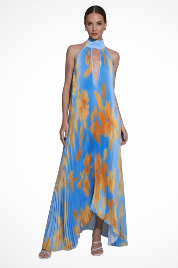 Siopie Women's Printed Pleated Halter Neck Maxi Dress in Light Blue