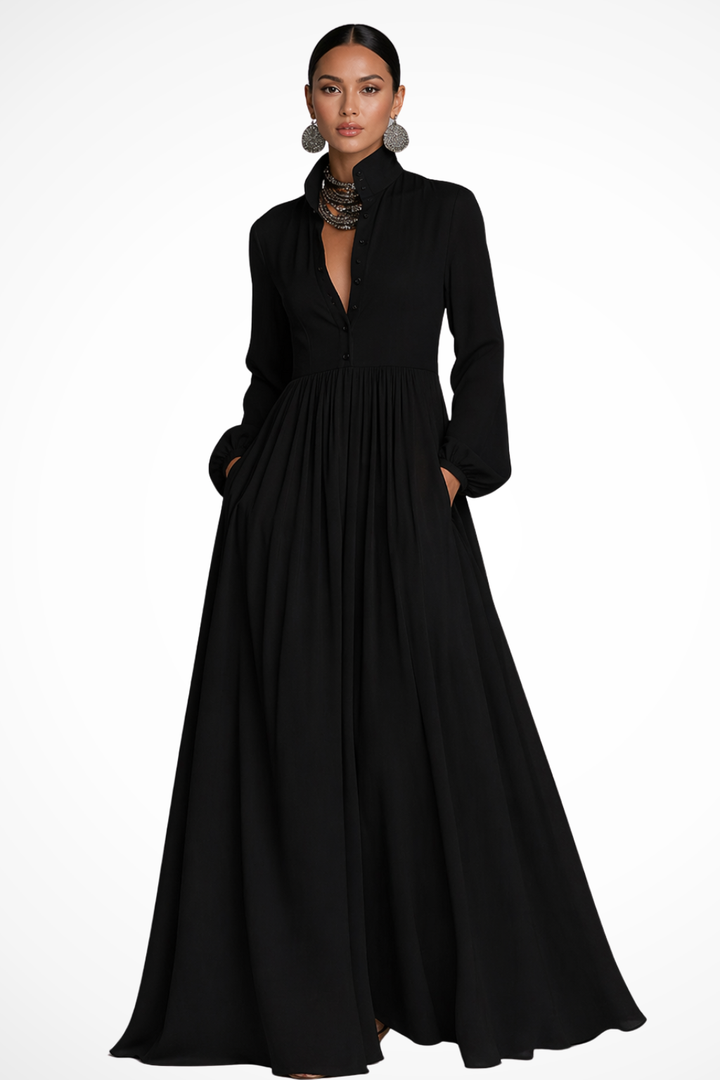 Siopie Women's Long Sleeve Button Front Maxi Dress in Black