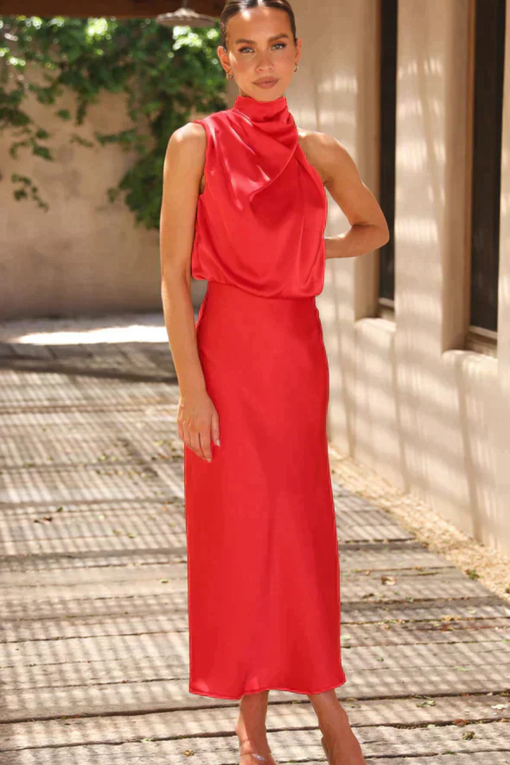 Siopie Women's Satin Halter Neck Midi Dress