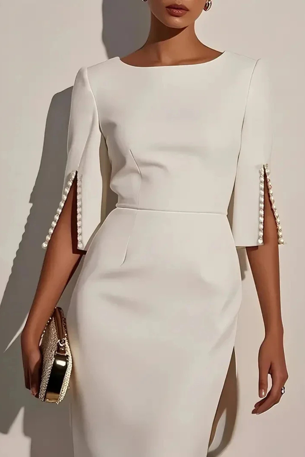 Womens Midi Dress Beaded Round Neck