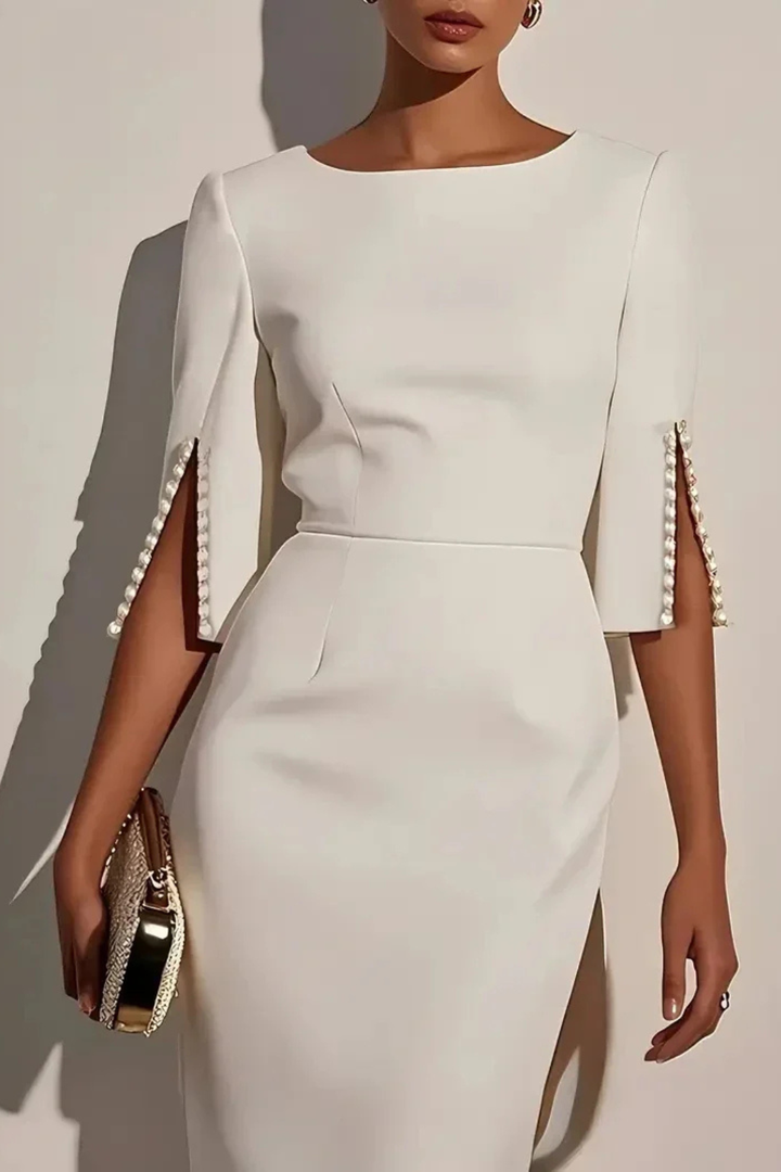 Womens Midi Dress Beaded Round Neck