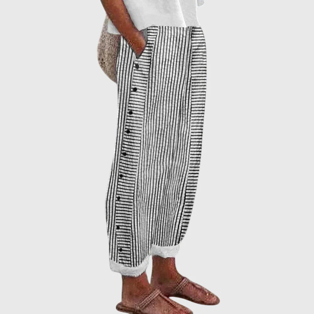 Women's Casual Striped Button Detail Relaxed Fit Trousers