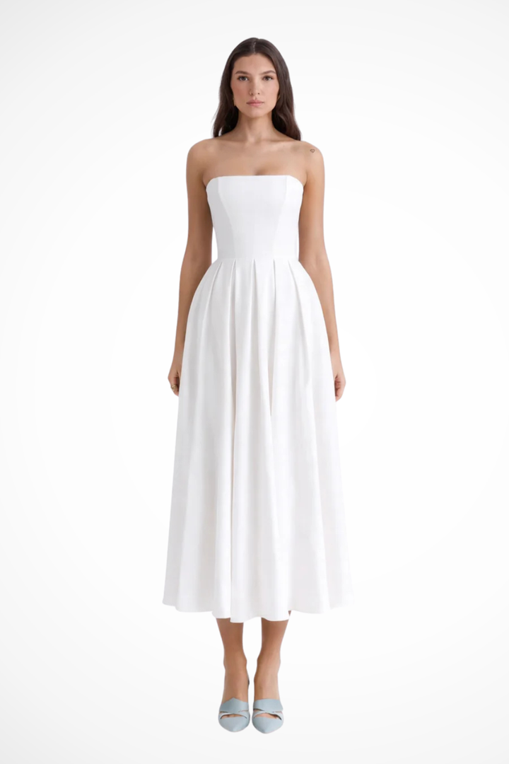 Womens Strapless Corset Dress Flared Midi Fit - Clovrio