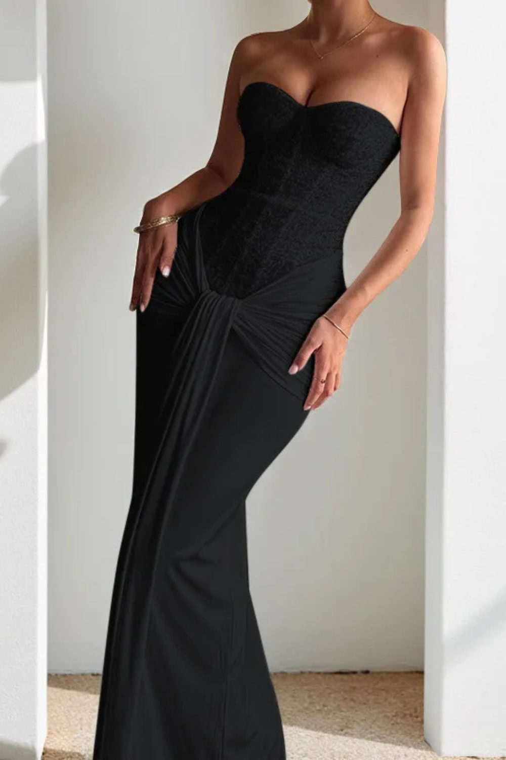 Siopie Women's Lace Corset Strapless Draped Maxi Dress