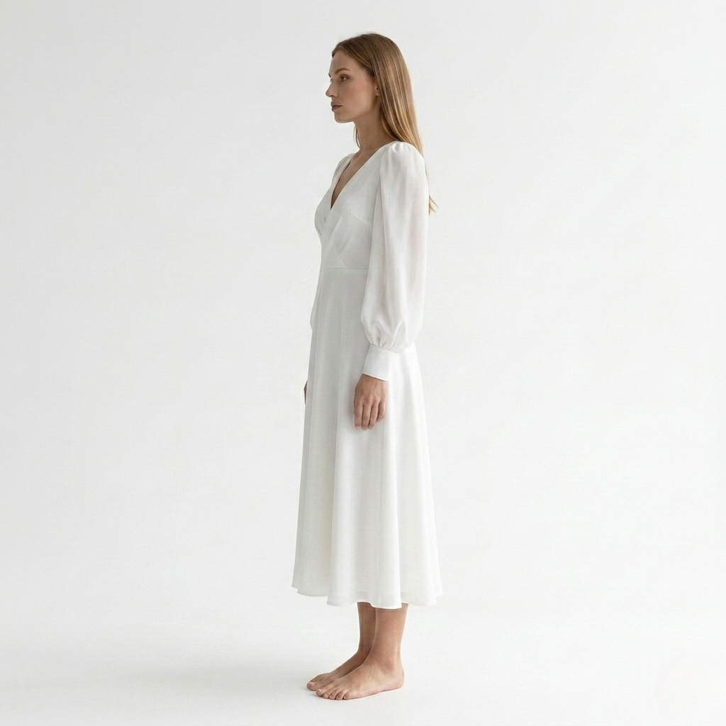 Womens Midi Dress V-Neck Wrap Style Flared Hem