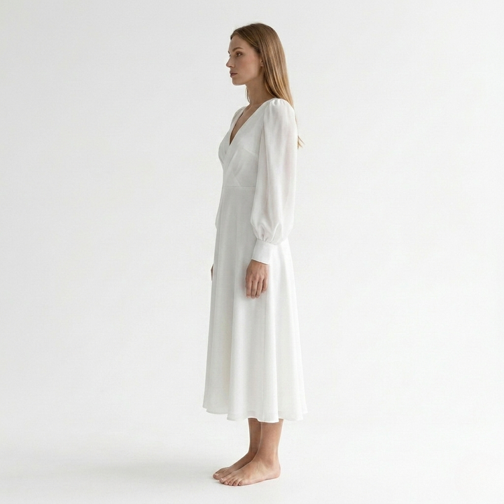 Womens Midi Dress V-Neck Wrap Style Flared Hem