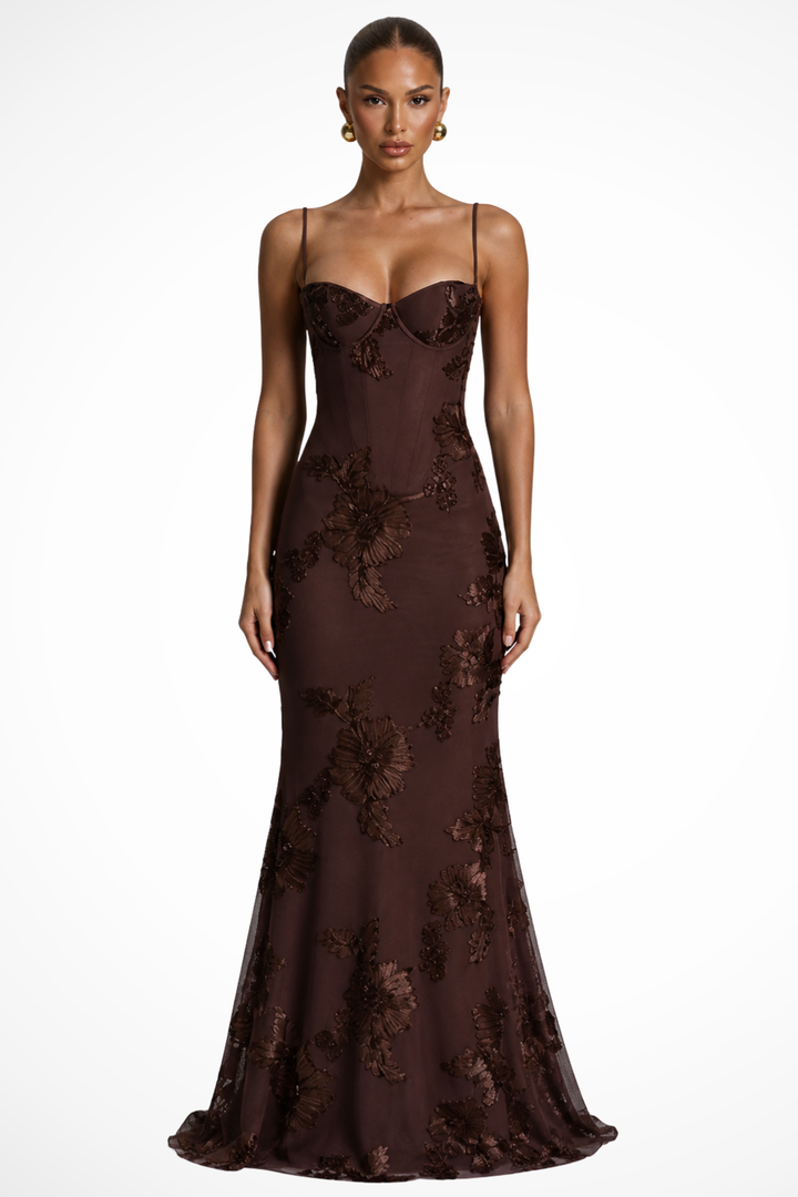 Womens Maxi Dress with Embroidered Floral Corset