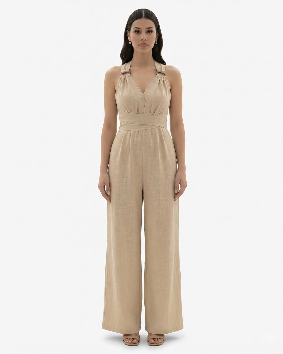 Womens Sleeveless Jumpsuit with V-Neck Tie Waist Wide Leg - Clovrio