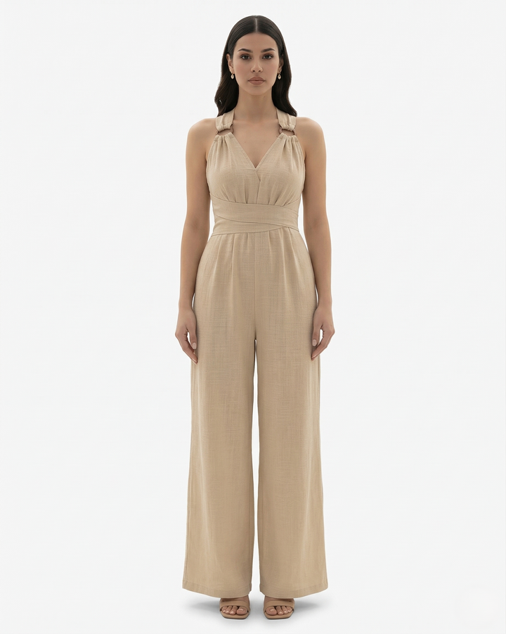 Womens Sleeveless Jumpsuit with V-Neck Tie Waist Wide Leg - Clovrio