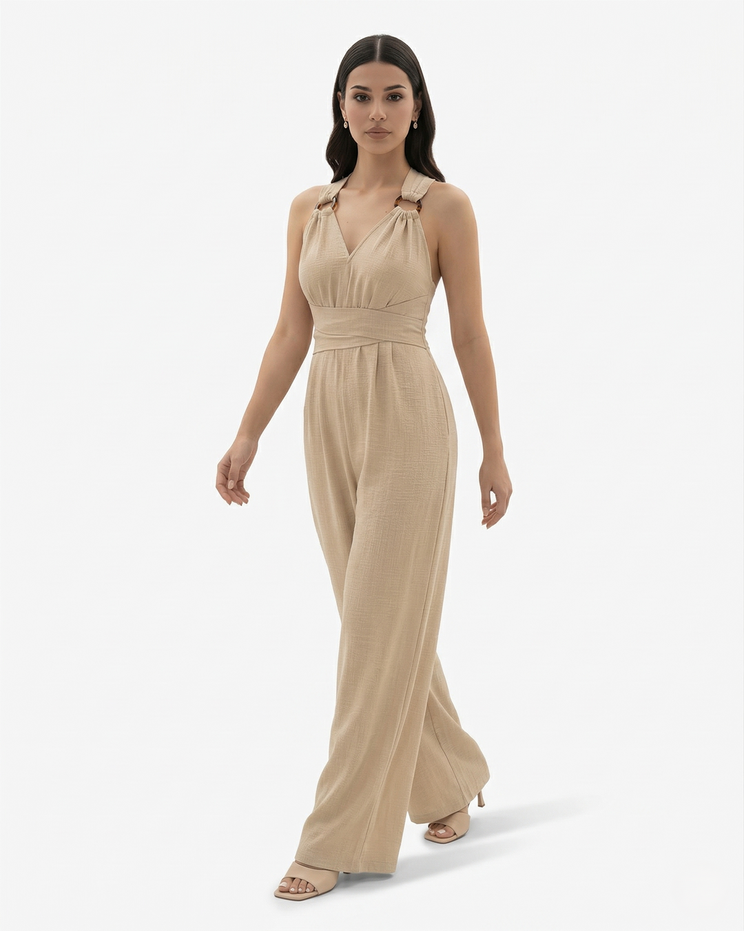 Womens Sleeveless Jumpsuit with V-Neck Tie Waist Wide Leg