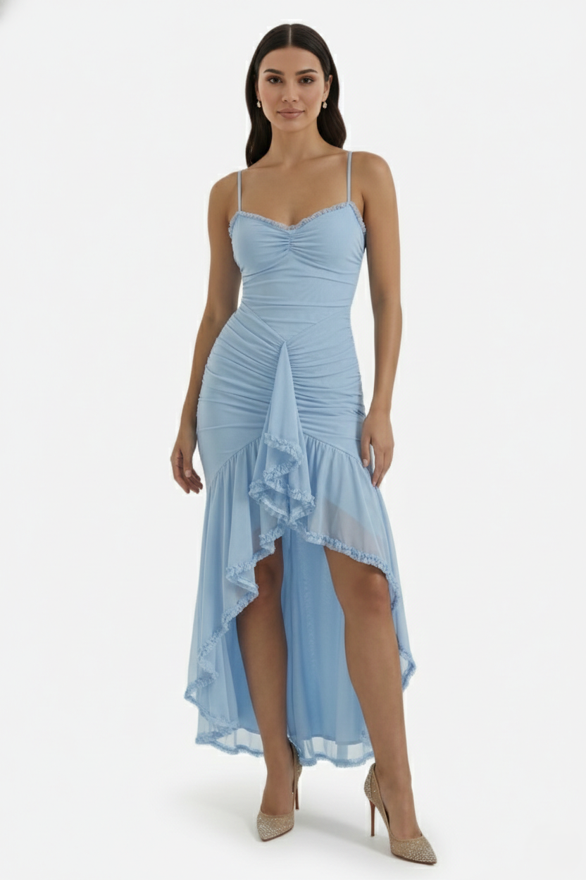 Womens Evening Gown Mesh Ruched Ruffle Asymmetrical Hem