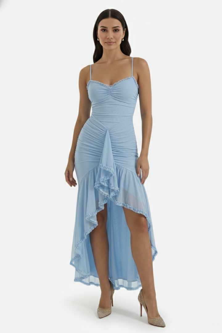 Womens Evening Gown Mesh Ruched Ruffle Asymmetrical Hem