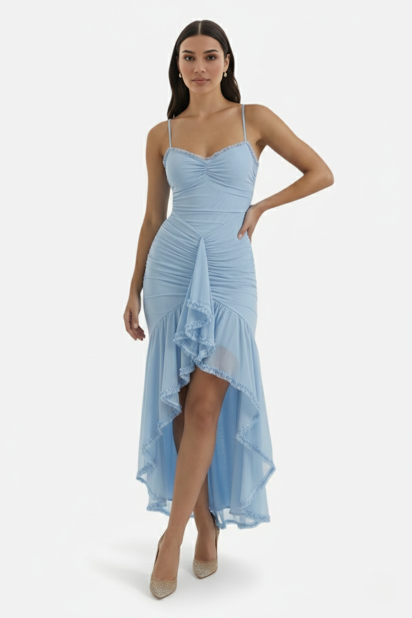 Womens Evening Gown Mesh Ruched Ruffle Asymmetrical Hem
