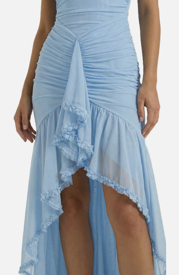 Womens Evening Gown Mesh Ruched Ruffle Asymmetrical Hem