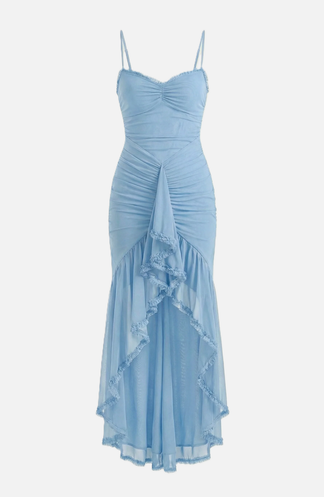 Womens Evening Gown Mesh Ruched Ruffle Asymmetrical Hem