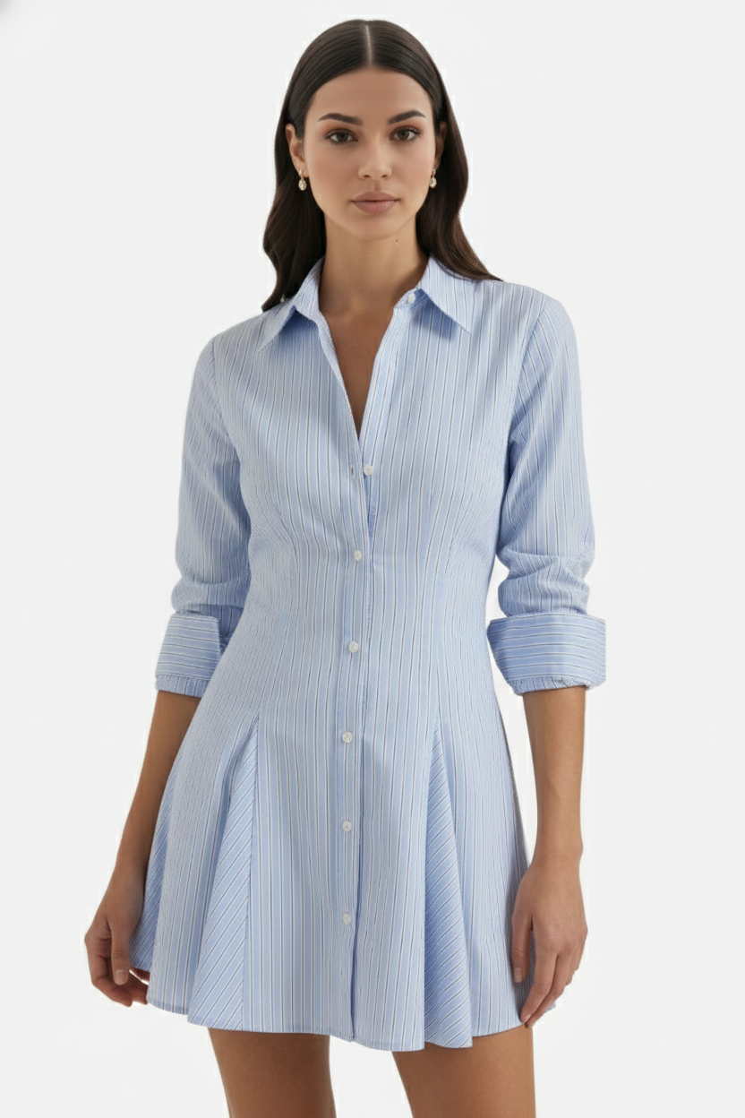 Womens Shirt Dress Pleated Mini Button-Down Regular Fit - Clovrio