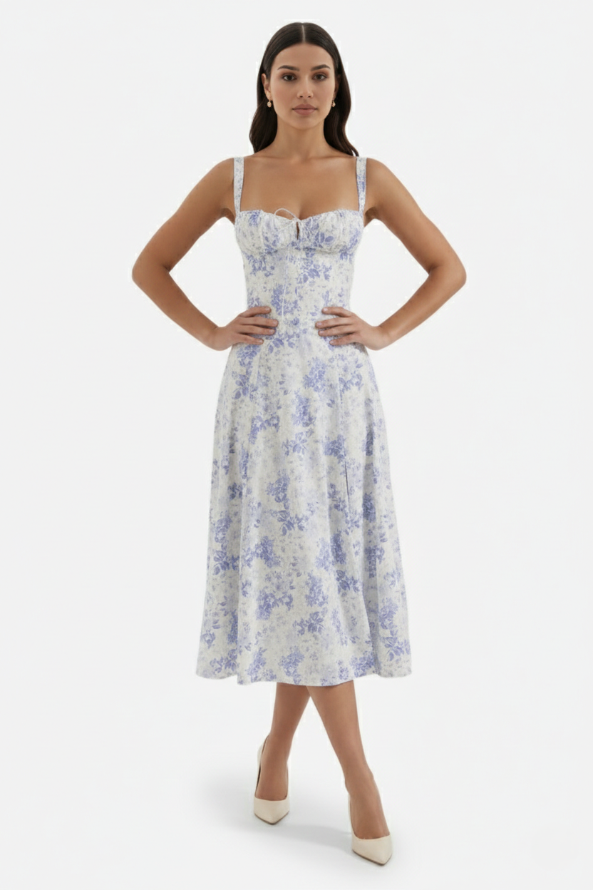 Womens Midi Dress with Sweetheart Neckline Ruched Bust A-Line