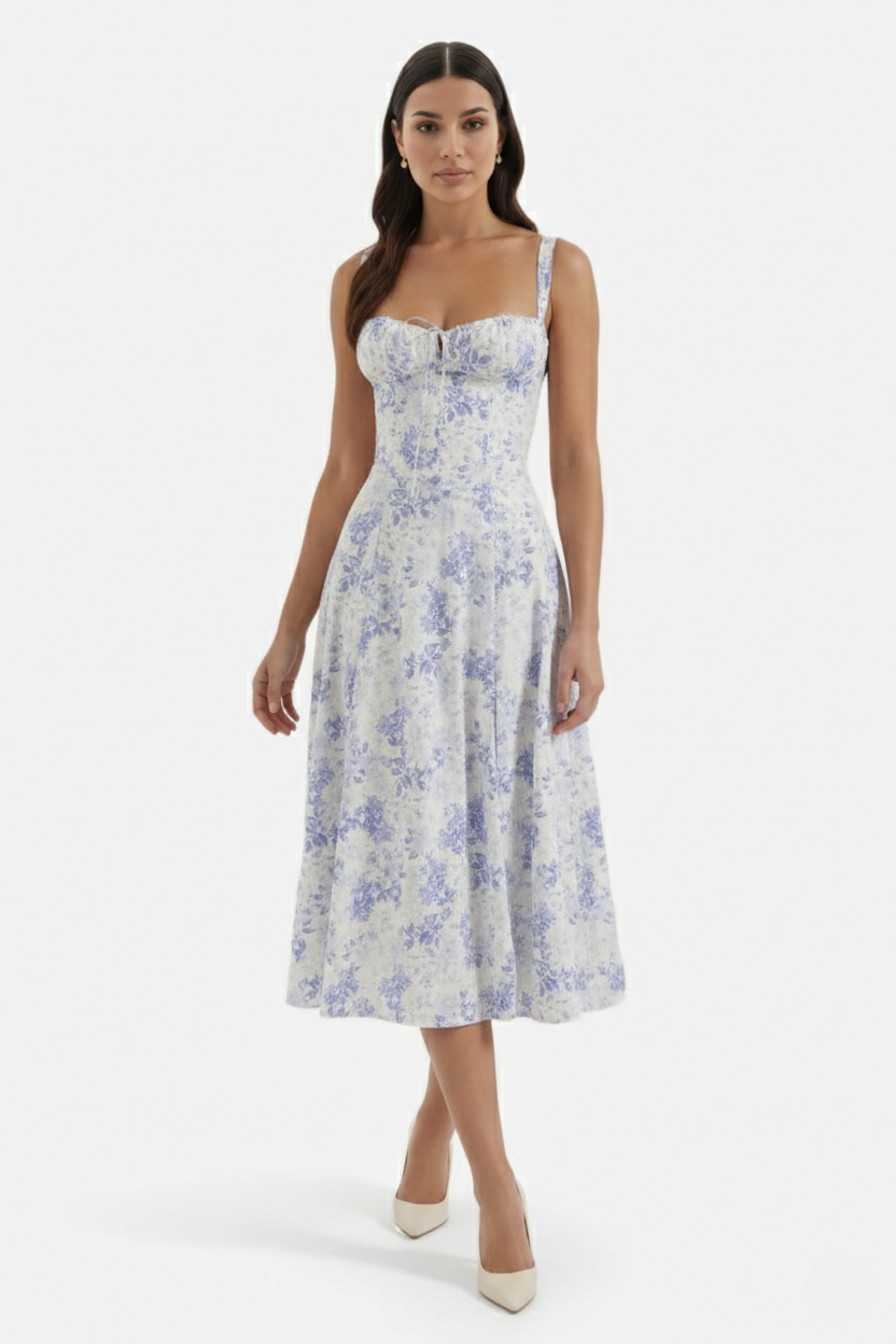 Womens Midi Dress with Sweetheart Neckline Ruched Bust A-Line - Clovrio