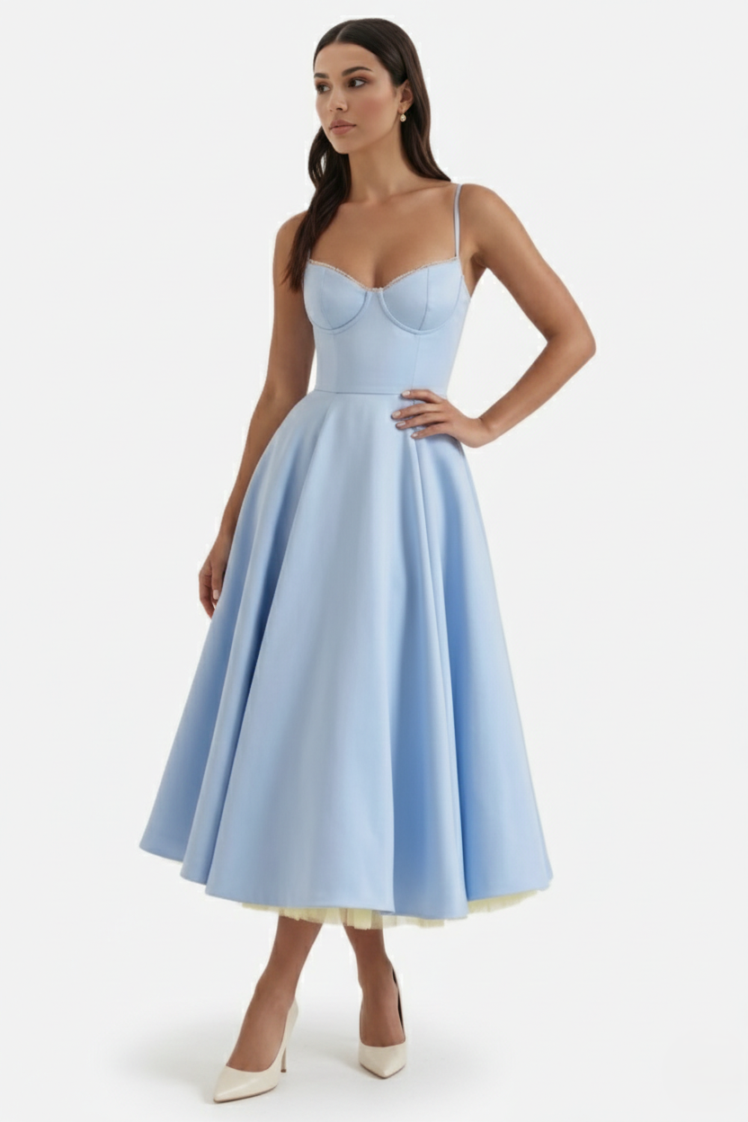 Womens Midi Dress Bustier Sweetheart Neckline Full Circle Tulle Hem