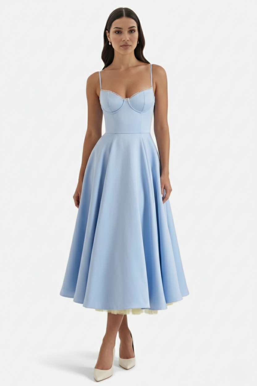 Womens Midi Dress Bustier Sweetheart Neckline Full Circle Tulle Hem