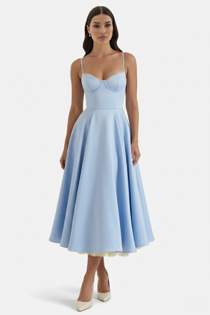 Womens Midi Dress Bustier Sweetheart Neckline Full Circle Tulle Hem
